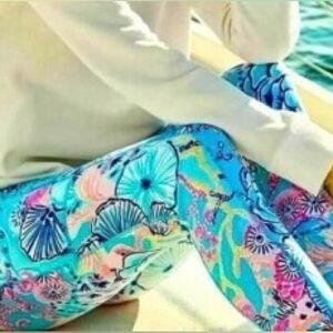 NWT Lilly Pulitzer Weekender Midi Leggings Bali Blue Once Upon a Tide XL UPF 50+